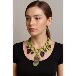 Handmade Statement Necklace | Green Rings, Guitar Picks, Rhinestones, Crystal
